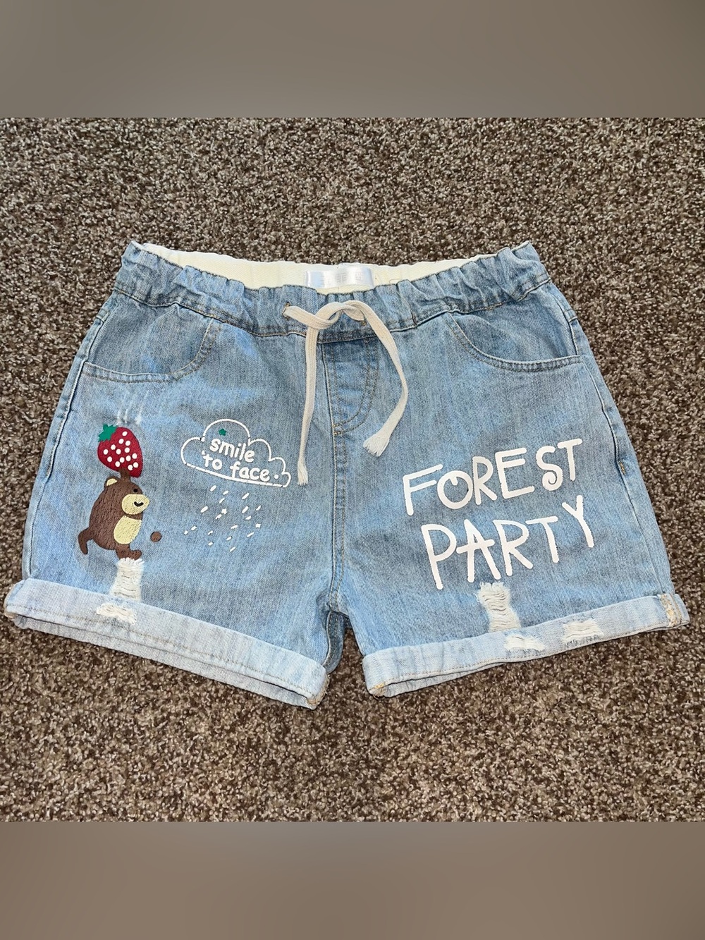 Cute Preloved - Girls Large - 'Forest Party' Light Denim Pull On Shorts